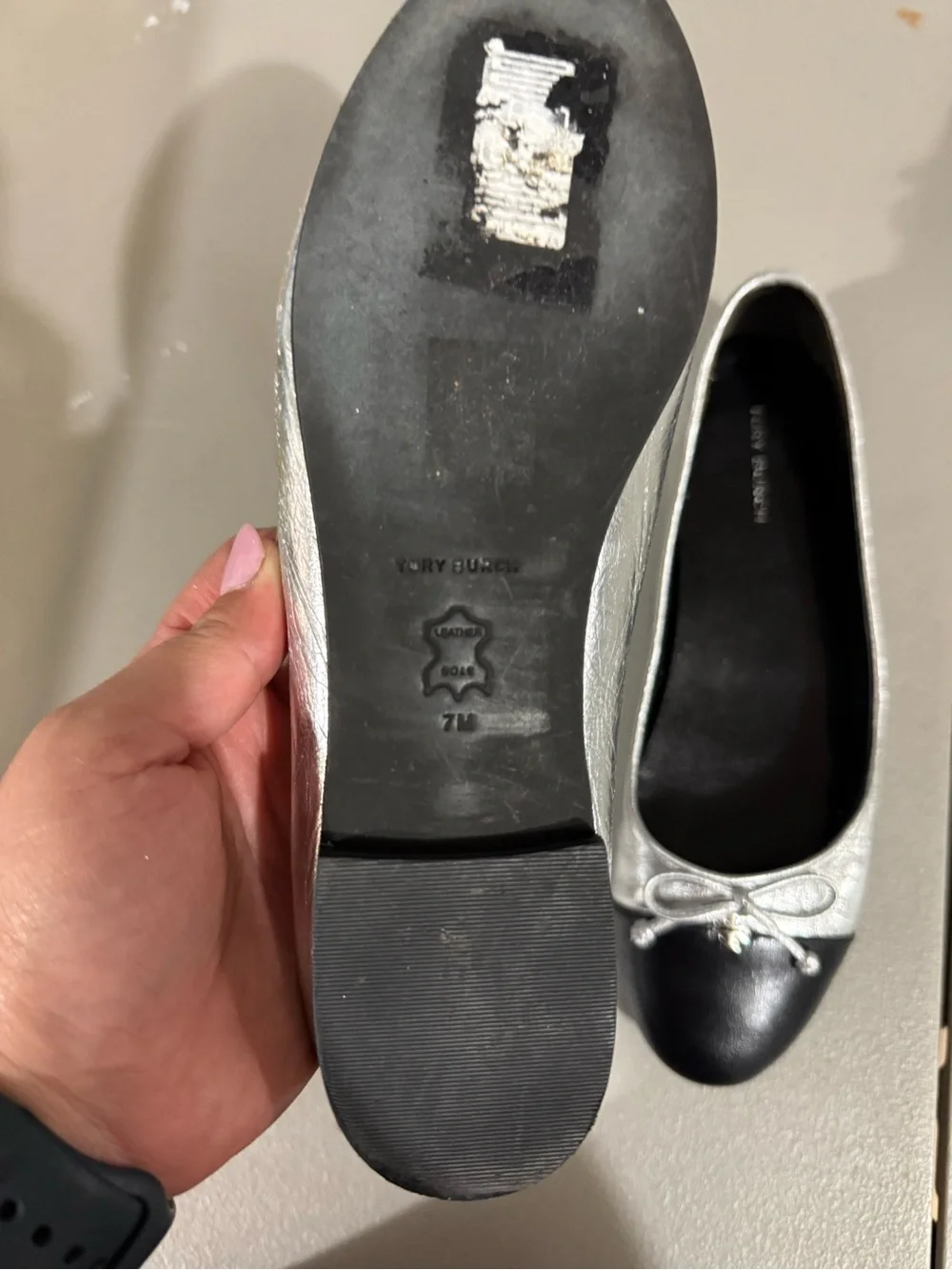 Tory Burch Silver and Black Cap-Toe Ballet Flats